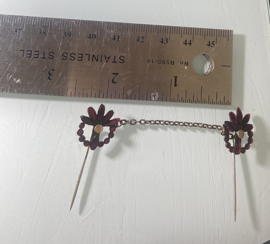 Antique Victorian Double Stick Pin Ruby Red Bohemian Glass “Garnets” c. 1900