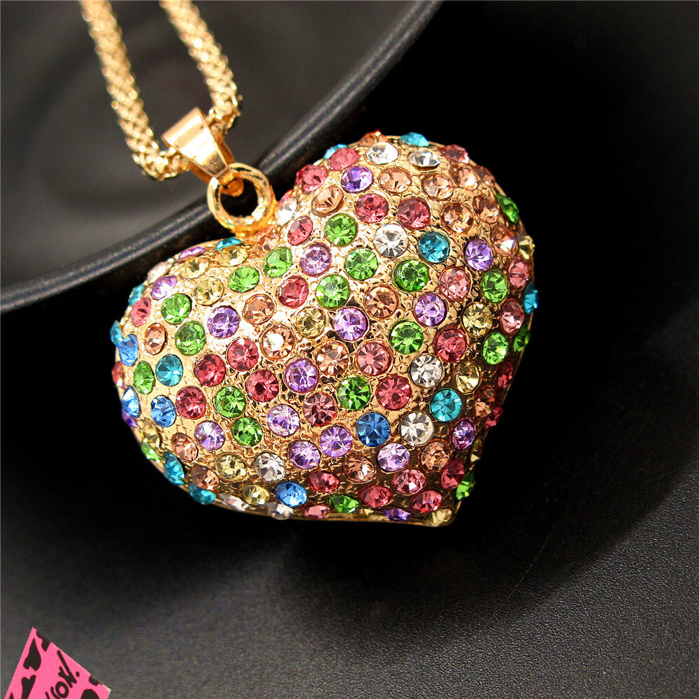 Hot Fashion Women Color Rhinestone Heart Love Crystal Pendant Chain Necklace