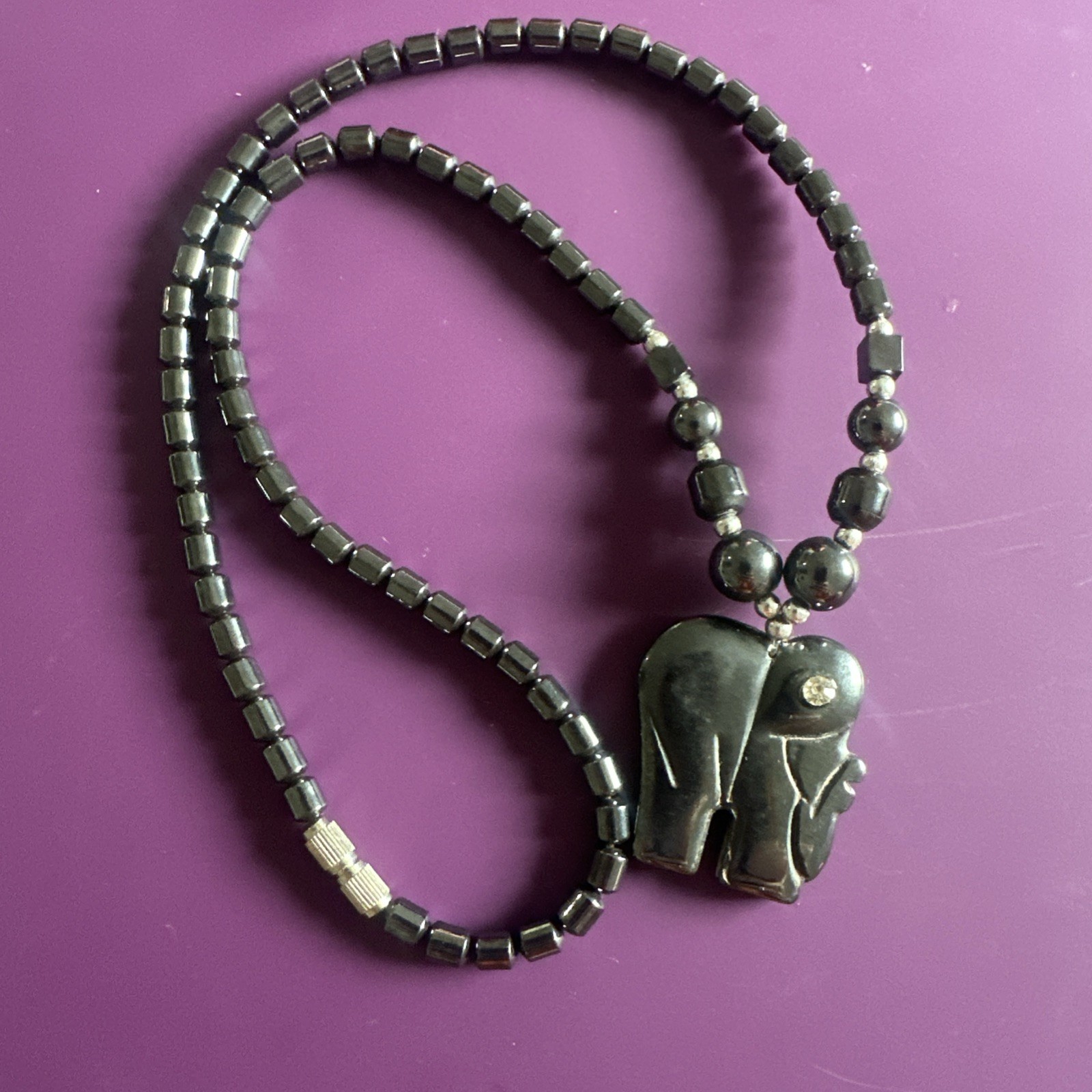Vintage Hematite Elephant Pendant Necklace Beaded Carved Stone Rhinestone Eye