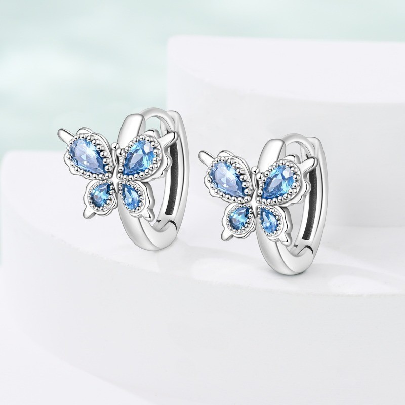 PANDACH 925 Sterling Silver Enamel Blue Butterfly Hoop Earrings For Women Gifts