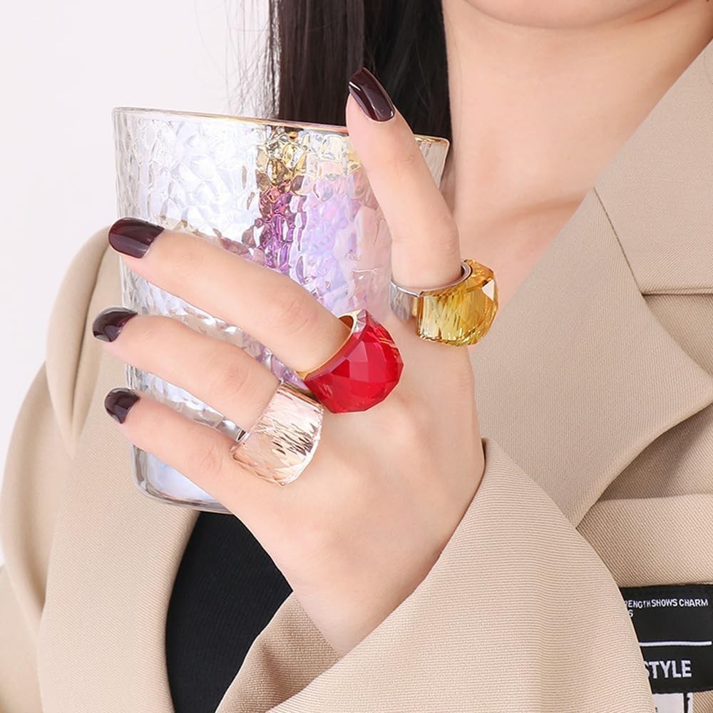 Crystal Glass Stainless Steel Band Ring Gold-Tone Plated Fashion Exaggerated …