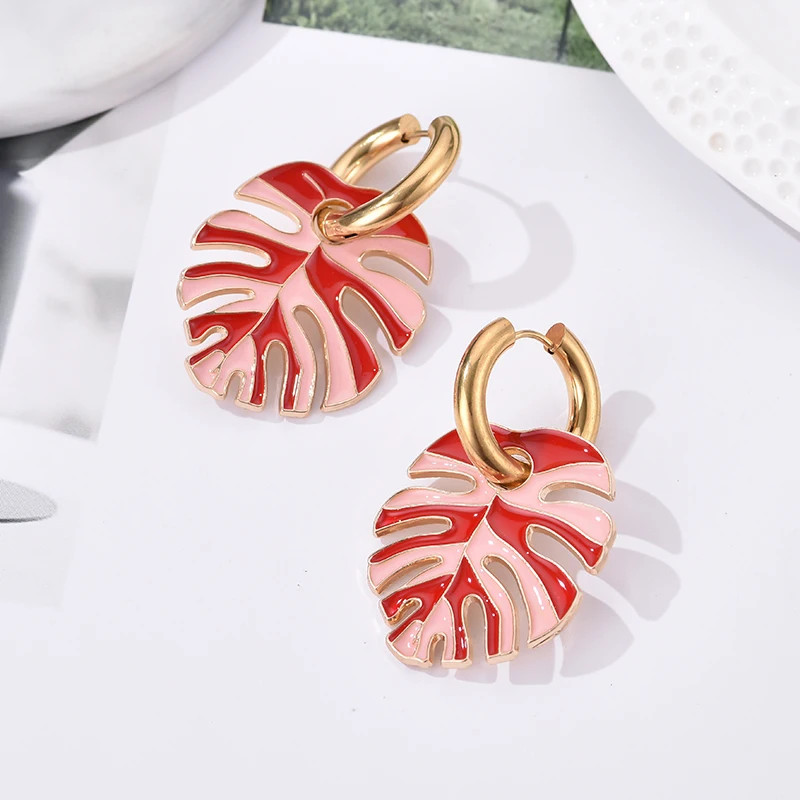 Colorful Big Leaf Pendant Gold Color Stainless Steel Earrings For Women