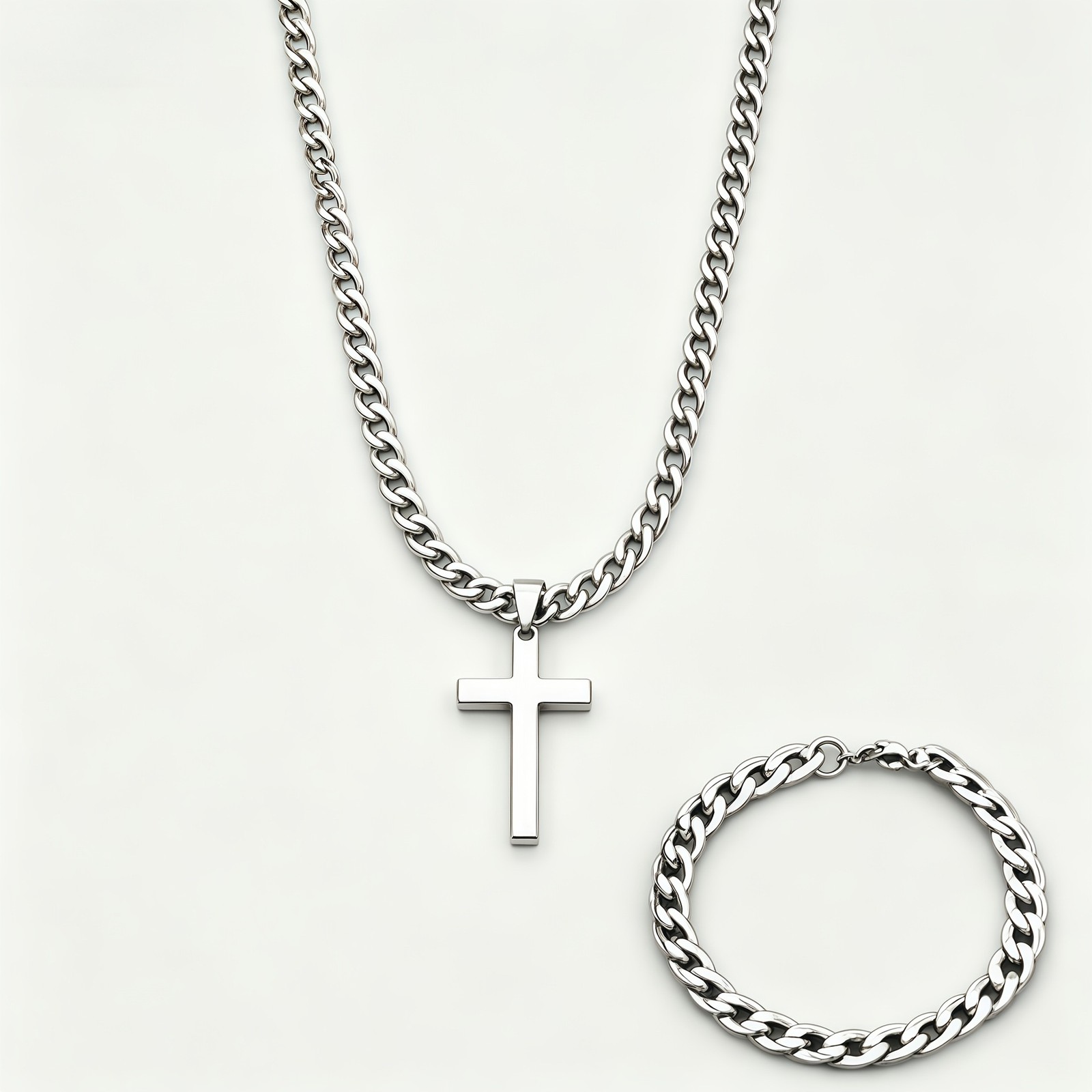 Stainless Steel Cross Pendant Necklace Set, Cuban Twist Chain + Cross, Unisex