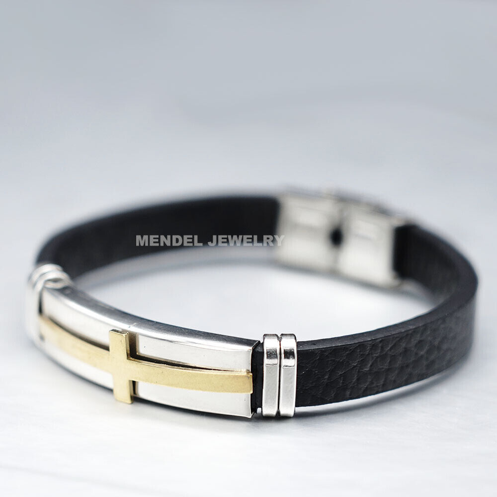 MENDEL Mens 7 Inch Christian Cross Leather Bracelet Stainless Stainless For Men
