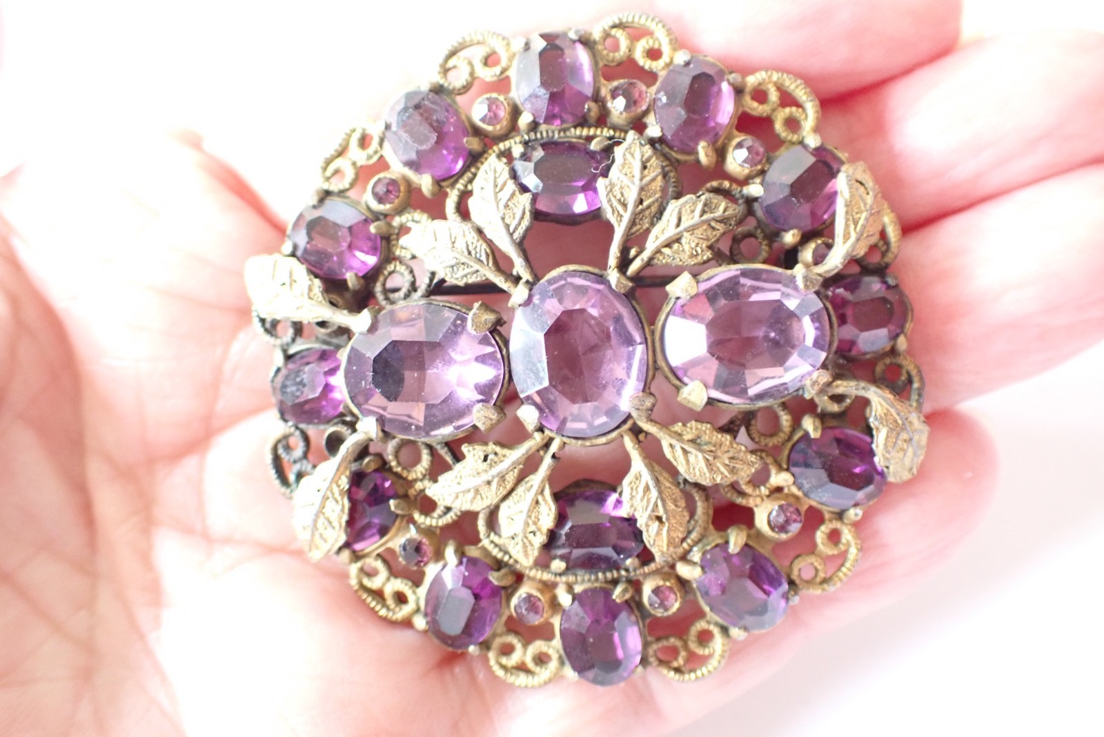Vintage Czech Gold Tone Filigree Brooch W/ Purple Open Back Rhinestones Paste