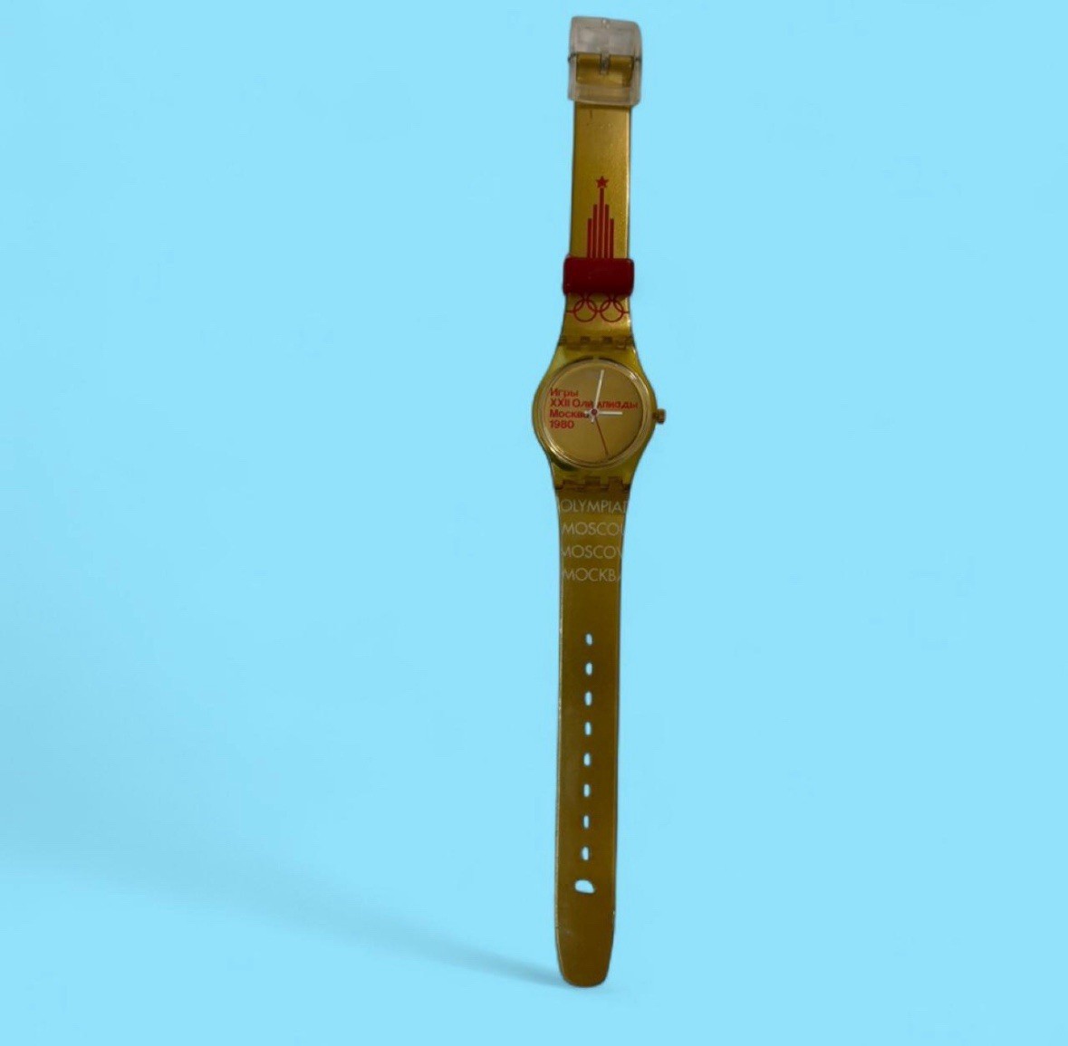 Swatch Moscow 1980 Olympics Quartz Analog Watch 25mm 30m Gold/Red Strap