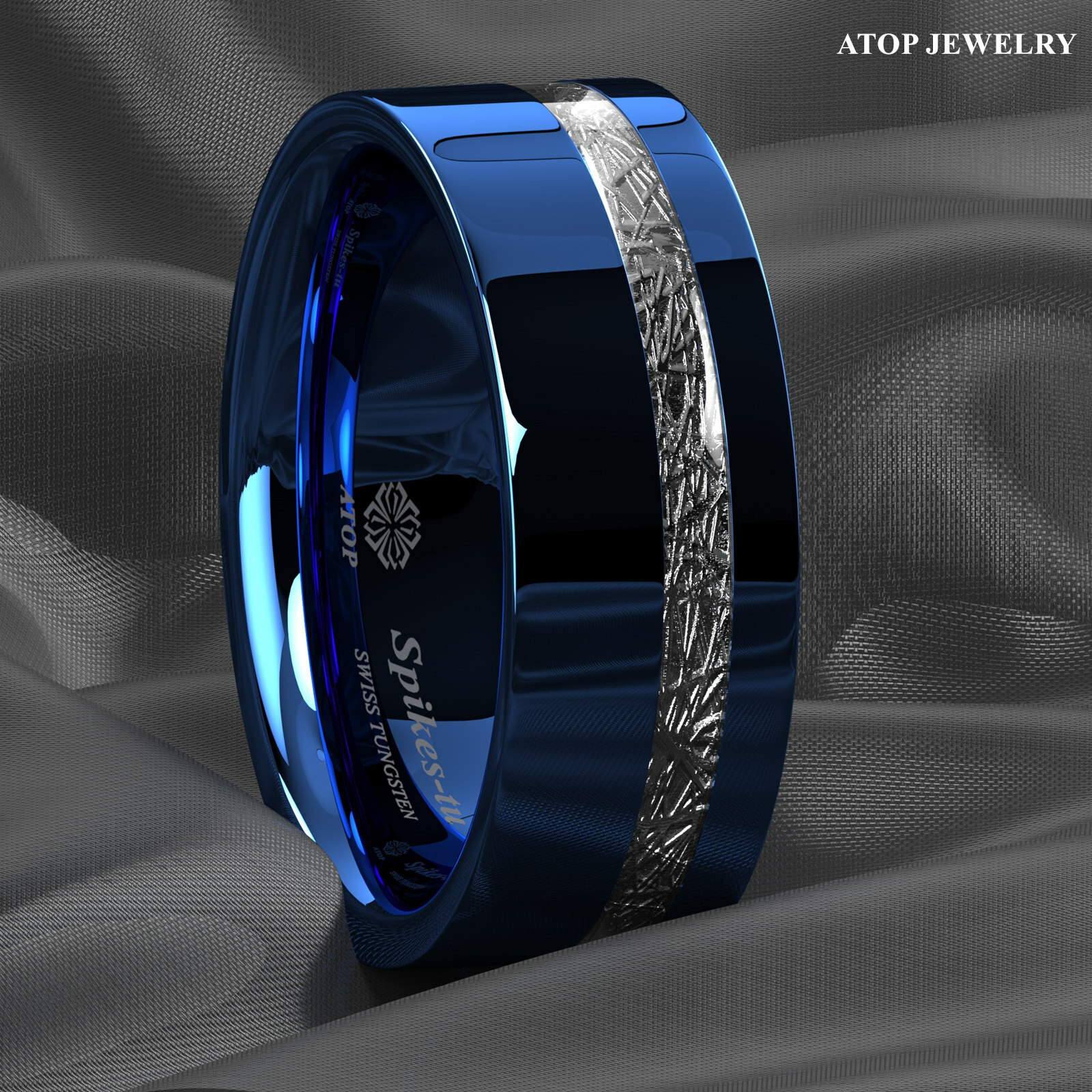 8mm ATOP Blue Tungsten Ring 925 Silver Inlay for Mens Comfort-fit Wedding Band