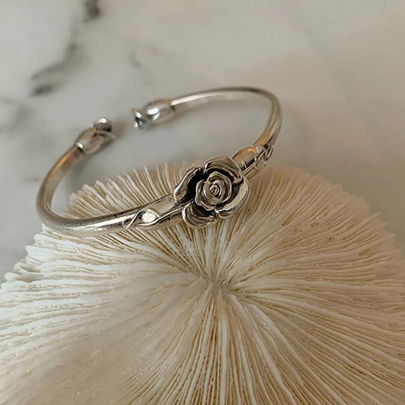 Vintage Flower Retro Rose Cuff Bangle 925 Sterling Silver Women Jewelry Bracelet