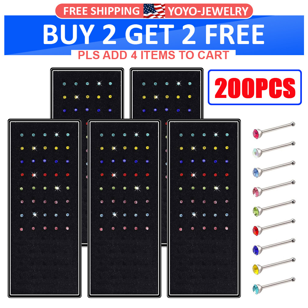200pcs Surgical Steel Nose Studs Rings Multicolor Crystal Straight Bone Stud 20G
