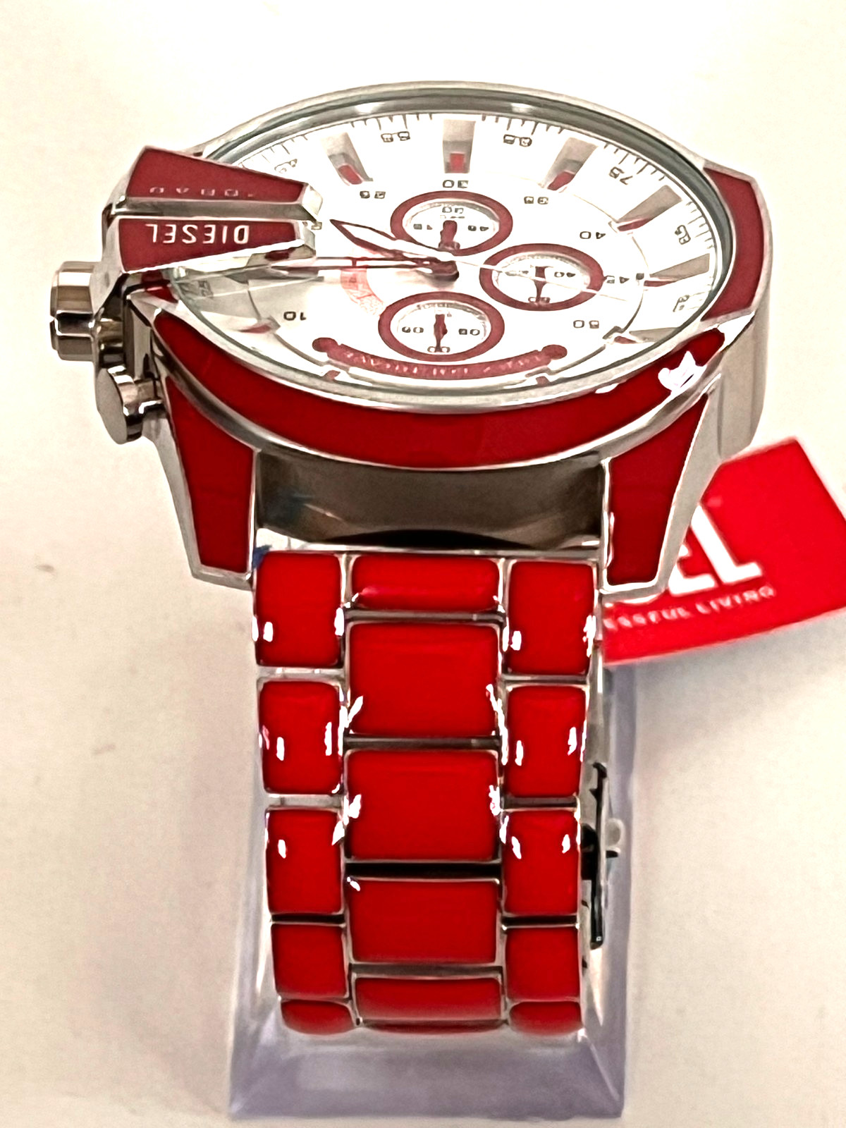 DIESEL DZ4638 Men’s Mega Chief Red Enamel Stainless Steel Watch BNWT/Box $290