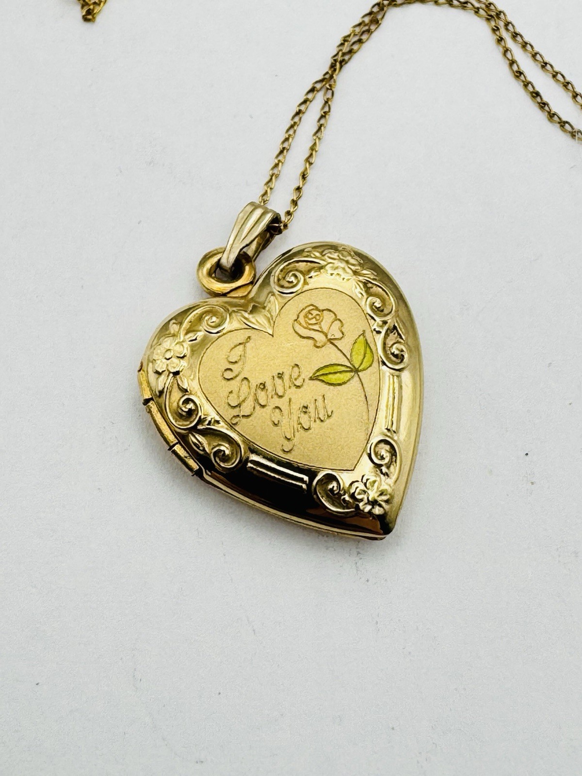 1/20 14k GF Heart Shaped Locket Pendant Etched Flower w/Chain I Love You