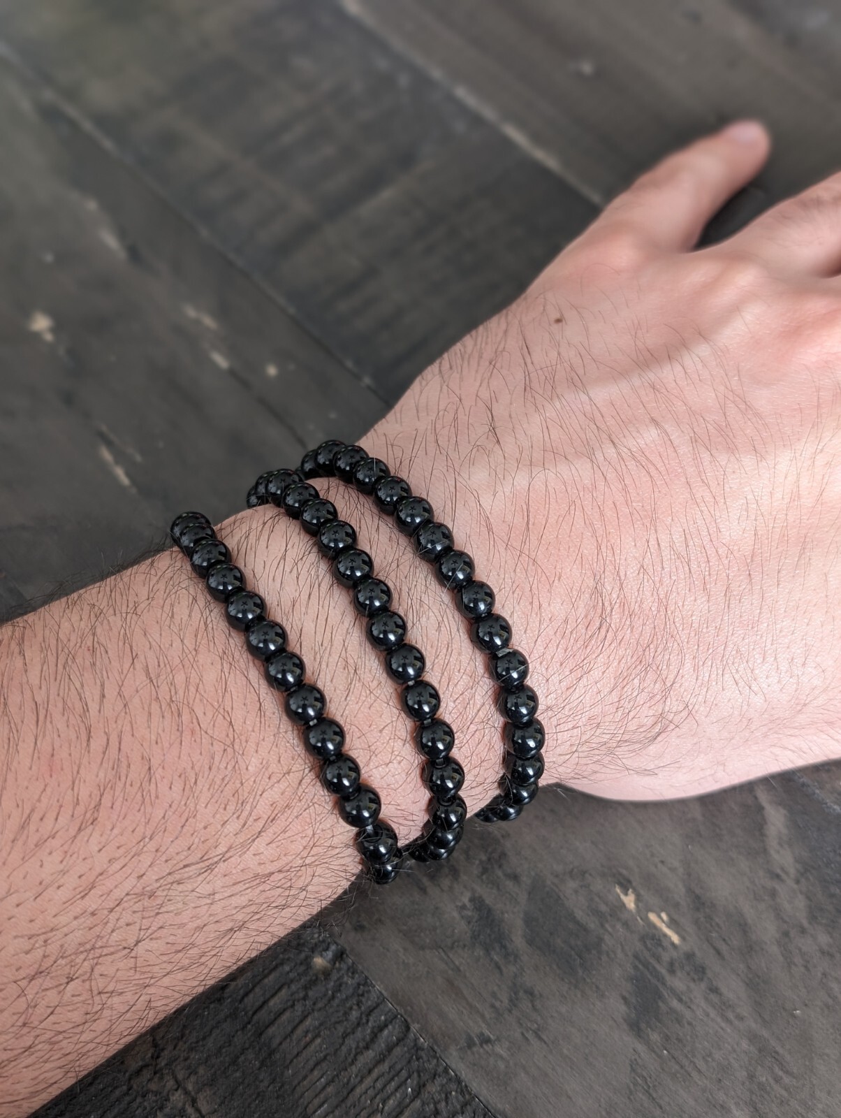 Beaded Bracelet 6mm Natural Stone Beads Men’s Gorgeous Semi-Precious Black Onyx