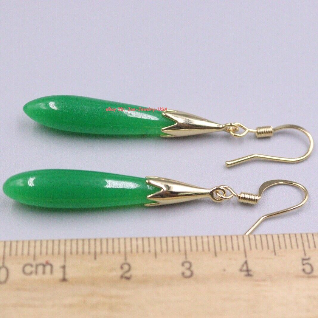 New Gold Plated Heated Green Jade Long Charm Dangle Earrings 2.04inch L