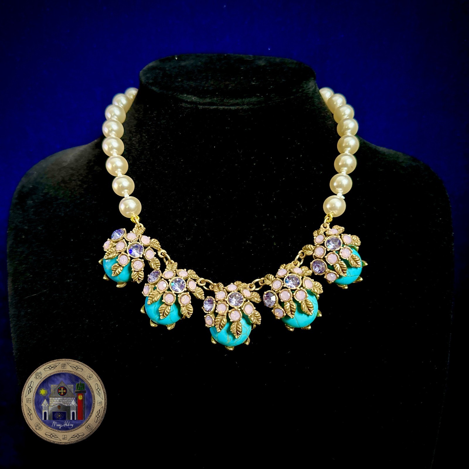 Sea Green Pearl Beaded Floral Vintage Style Necklace Antique Brass Tone