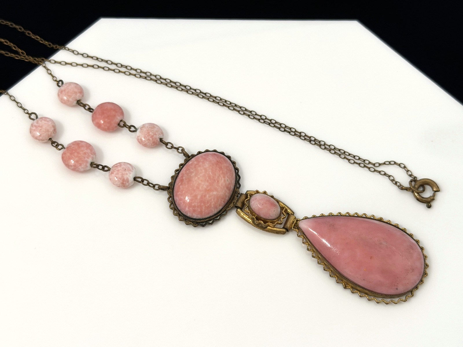 Antique Vintage 1930s Signed CZECH Art Deco Pink Peking Glass & Brass Necklace
