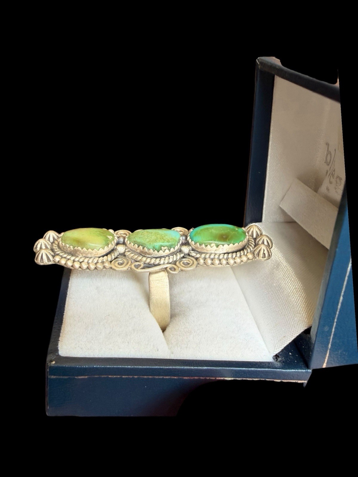 Beautiful Southwest Sterling Silver Triple Green Turquoise Ring See Description
