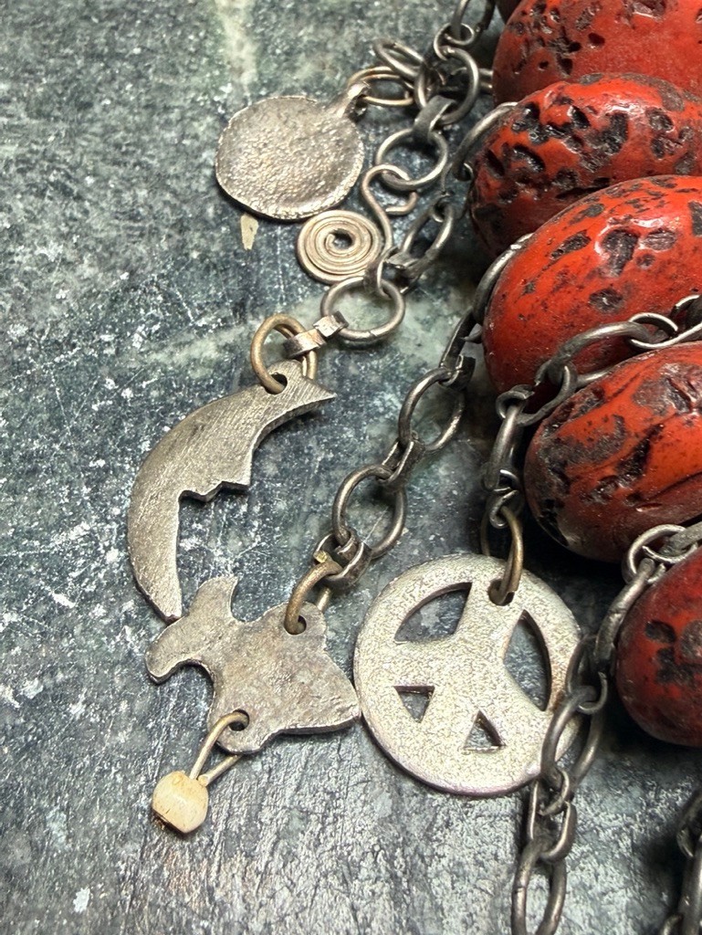 Vintage Morocco Faux Coral Bead and Silver Dangle Necklace