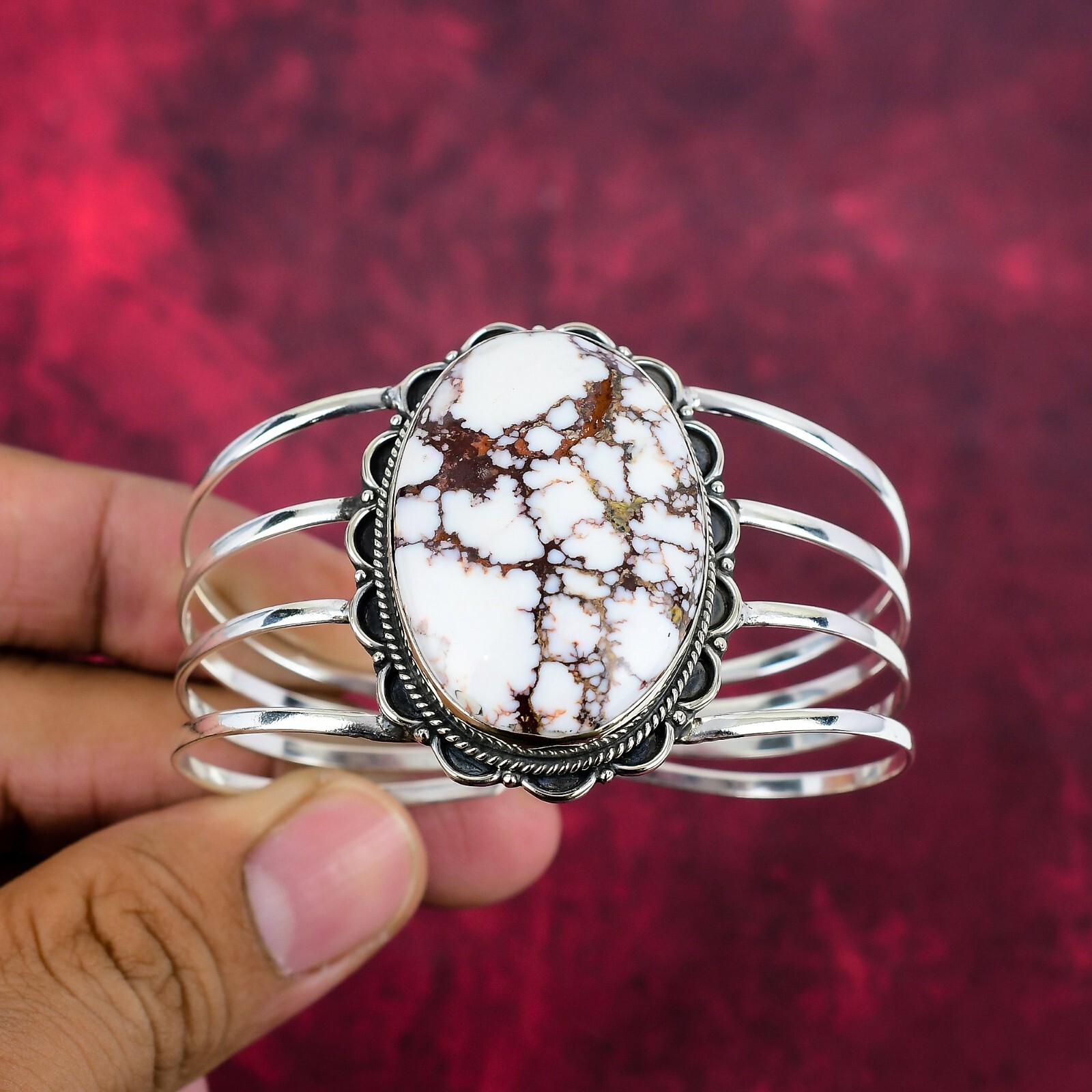 Wild Horse Gemstone Handmade 925 Sterling Silver Adjustable Bangle Jewelry