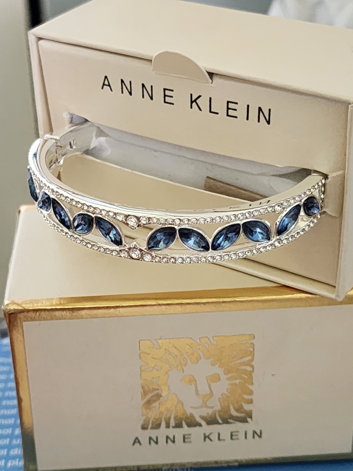 Anne Klein Silver Tone Blue Marquise Crystal Pavé Hinged Stackable Bangle NWT