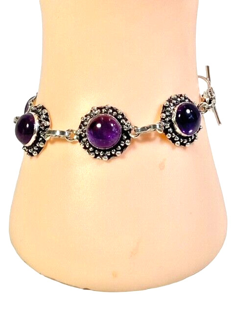 Amethyst Gemstone Bracelet Silver Chain Link Handmade 16.4 grams 7 inch