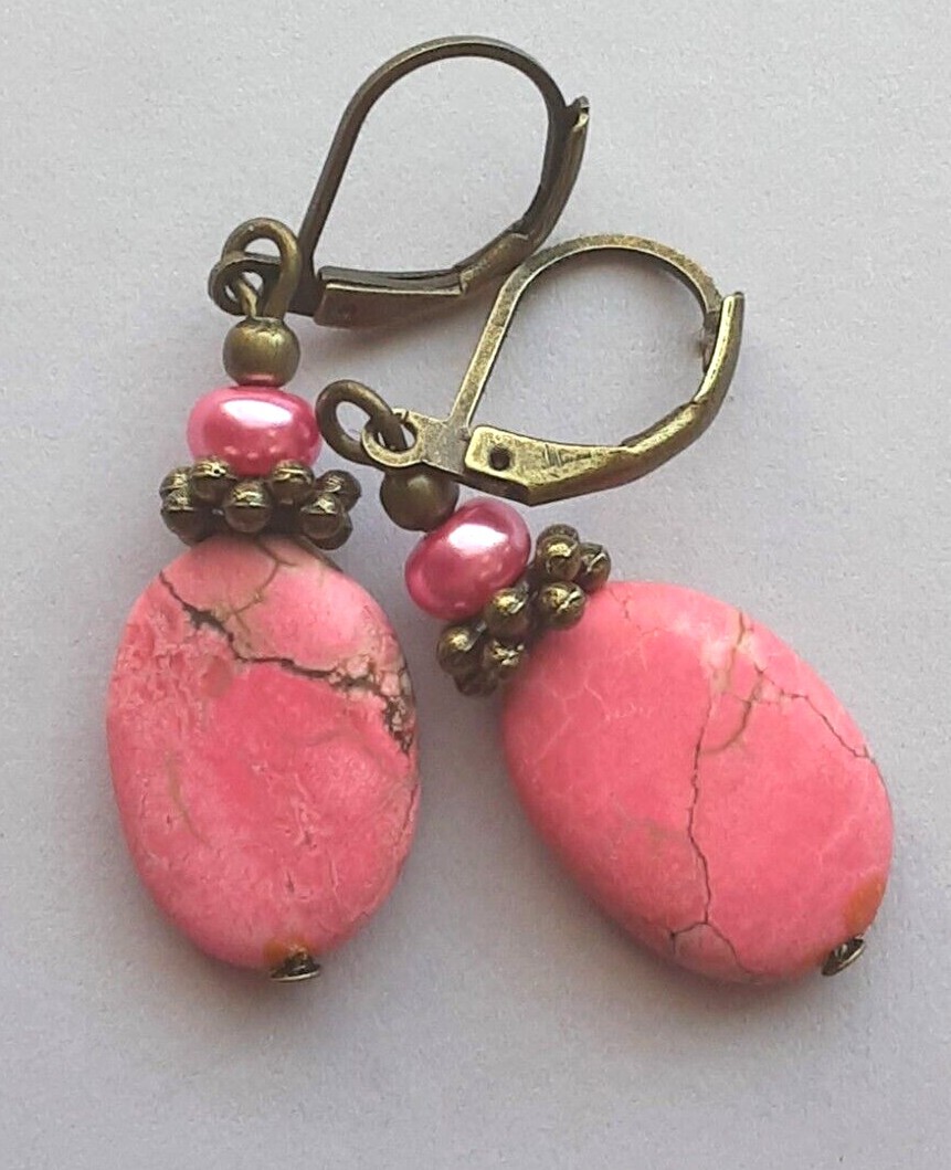 PINK HOWLITE Glass Pearl drop earrings handcrafted SP CHOOSE XX