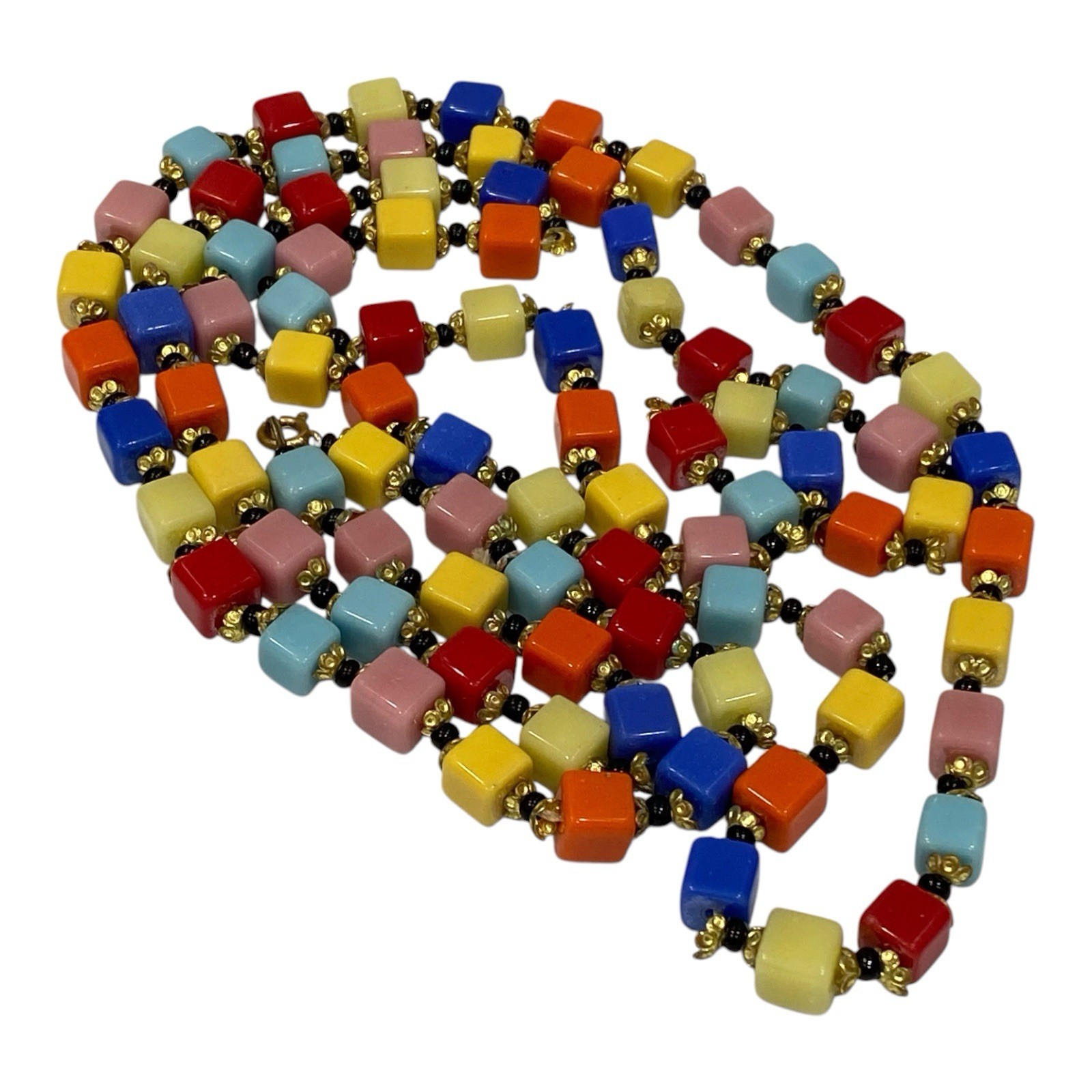 Vtg 1930s Czech Harlequin Glass Cube Bead Flapper Rope Necklace Art Deco 49″