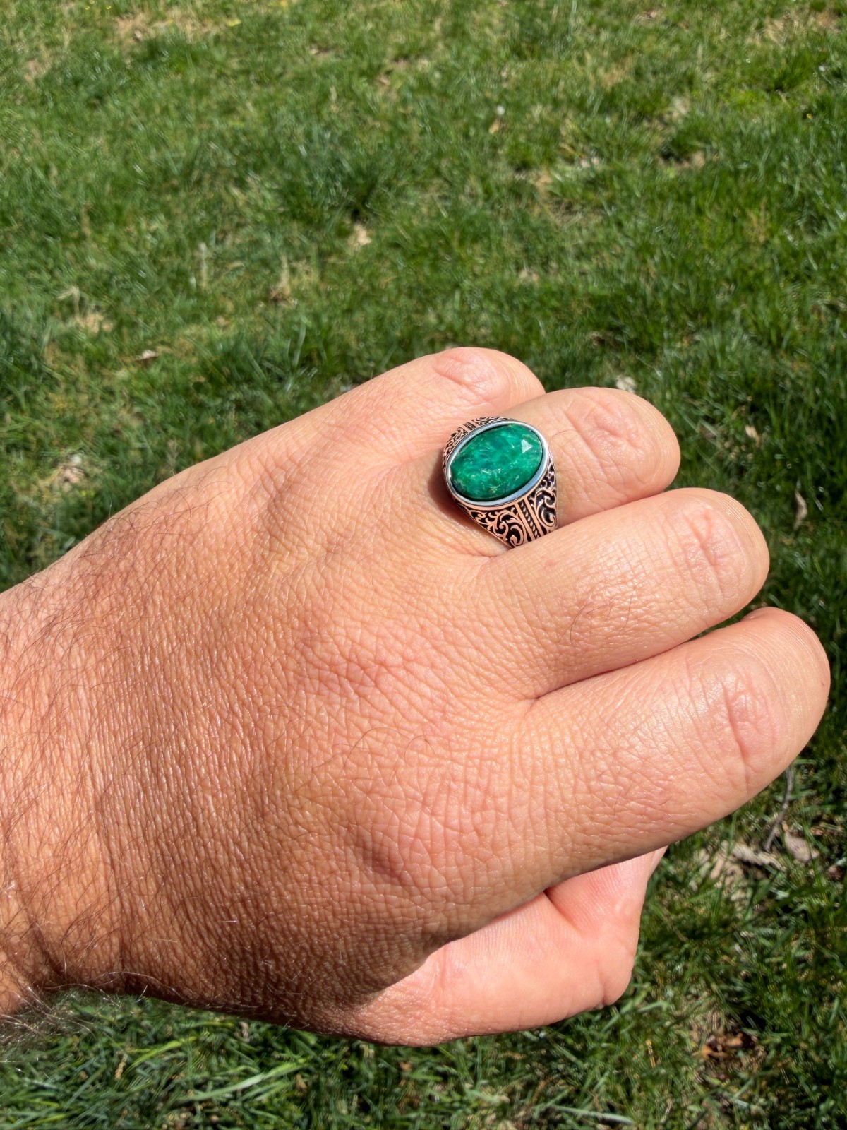 Real Columbian Green Emerald Stone Mens Solid 925 Silver Ring – Oxidized Vintage