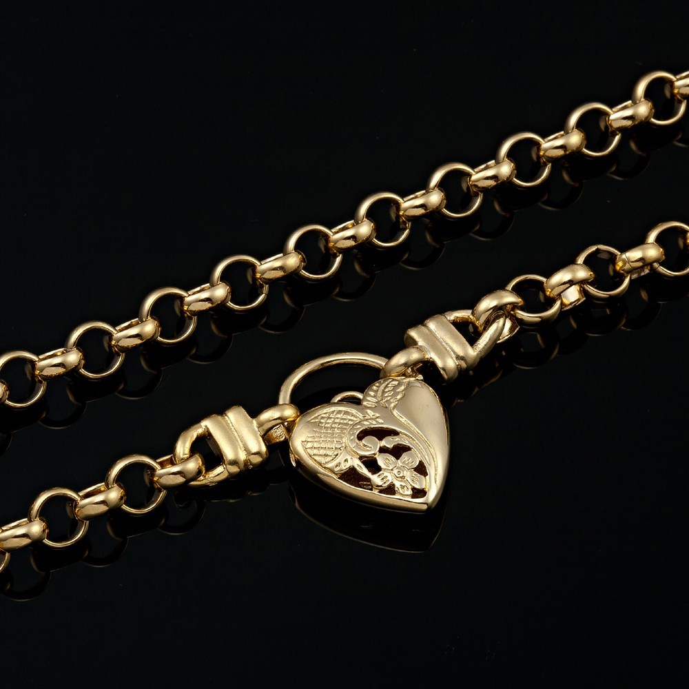 18K GL Solid Belcher Yellow Gold Necklace with Half Filigree Heart Padlock