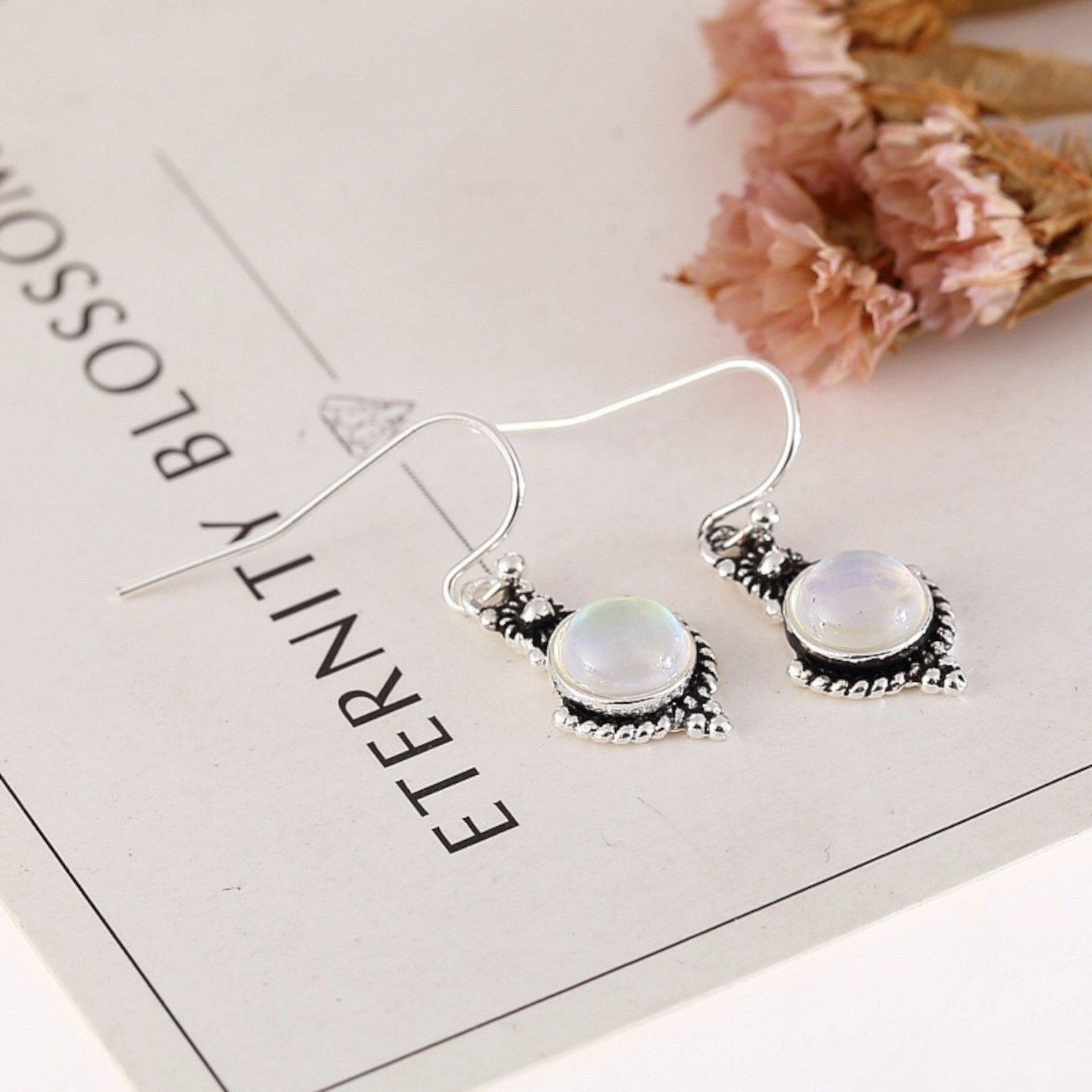 Silver Plated Turquoise Color Moonstone Earrings Hook Dangle Drop Lab-Creat B85