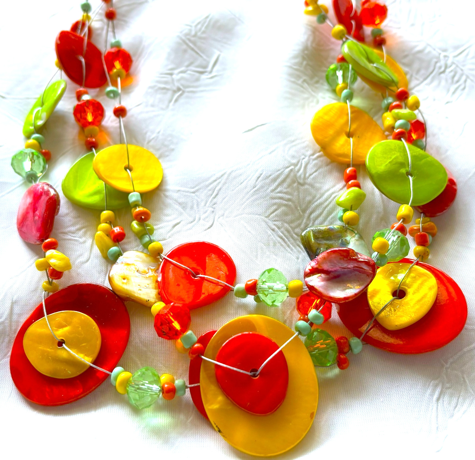 Vintage 1970’s Lime Green, Orange and Yellow DYED SHELL and GLASS BEAD Necklace