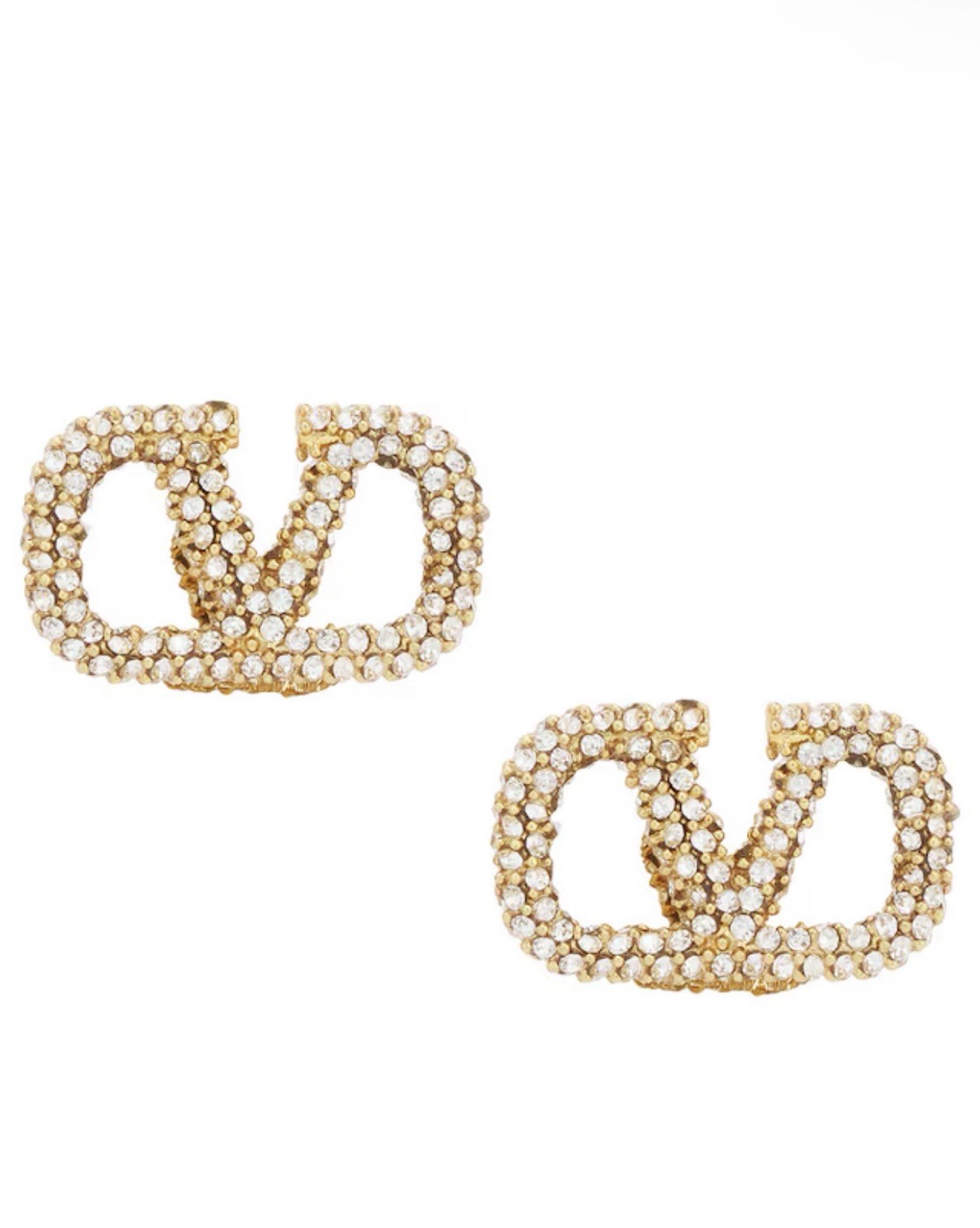 Valentino VLogo Pavé Crystal Gold Tone Stud Earrings, Butterfly Back Signed