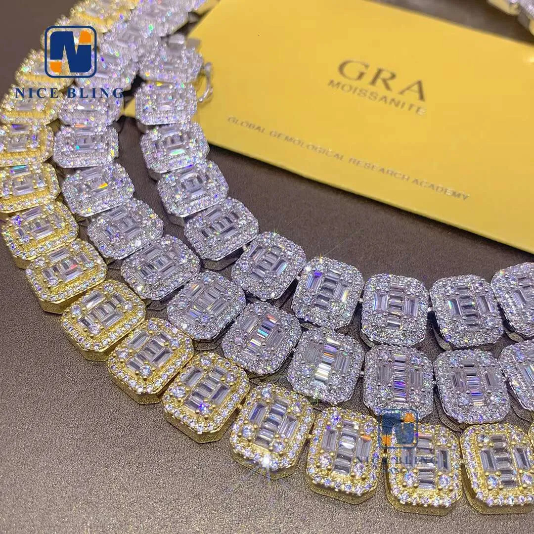 Full Moissanite Diamonds 925 Sterling Silver Cuban Link Necklace VVS Baguette Mo