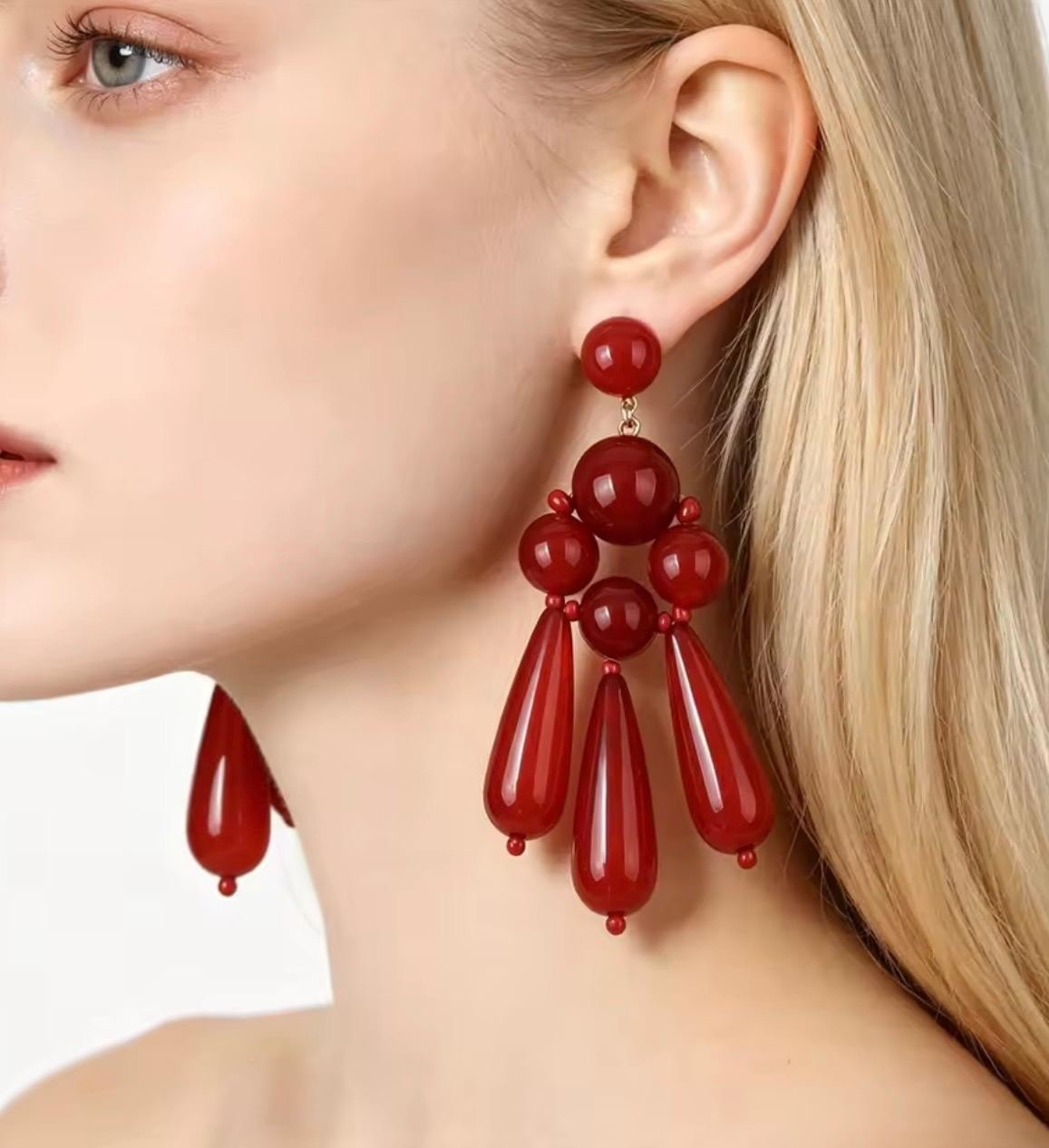 Red Long Tassel Teardrop Beaded Dangle Earrings Vintage Statement Style Jewelry