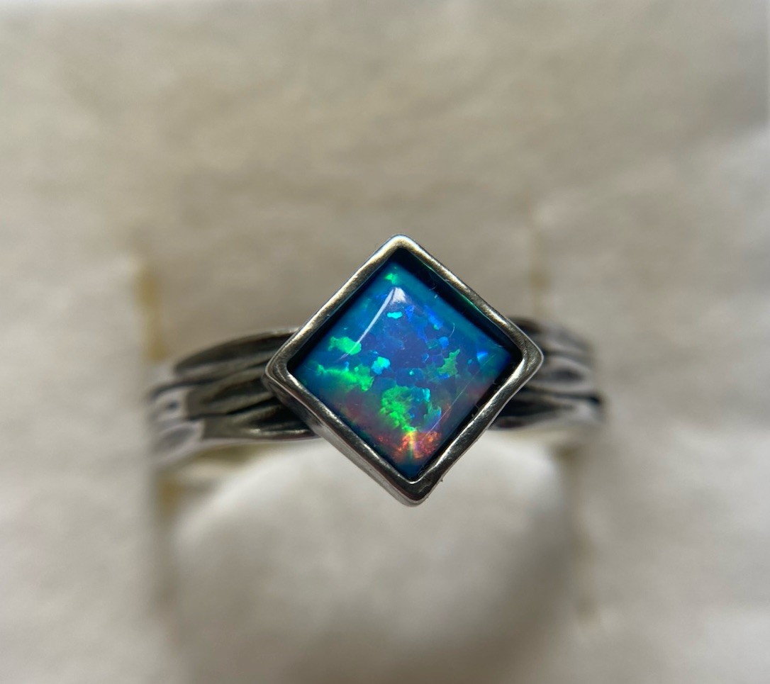 Sterling Silver, Square Bezel Set Lab Opal, Ring By PZ Creations