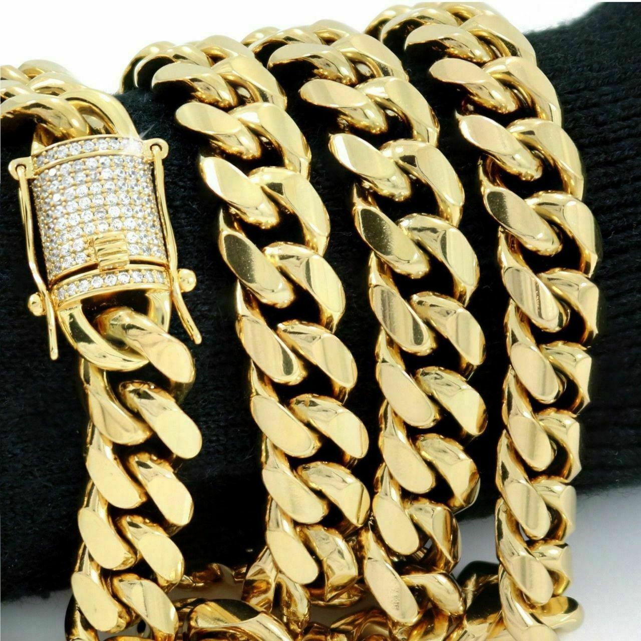 Miami Cuban Link Chain W. 1ct CZ Clasp 14k 18k Gold Plated Stainless Steel