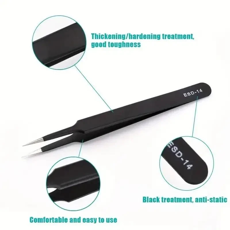 6Pcs ESD Anti-static Tweezers Set Maintenance Repair Stainless Steel Tools Kit