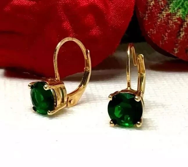 14K Yellow Gold Plated In2Ct Round Cut Simulated Emerald Drop Clip On Earring