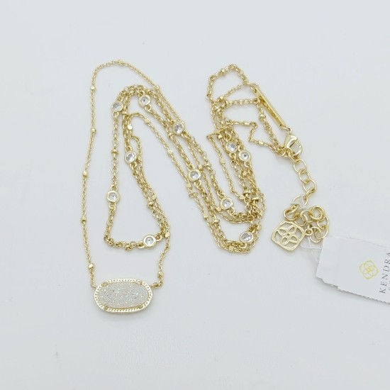 Kendra Scott Elisa Gold Crystal Multi Strand Pendant Necklace Iridescent Drusy