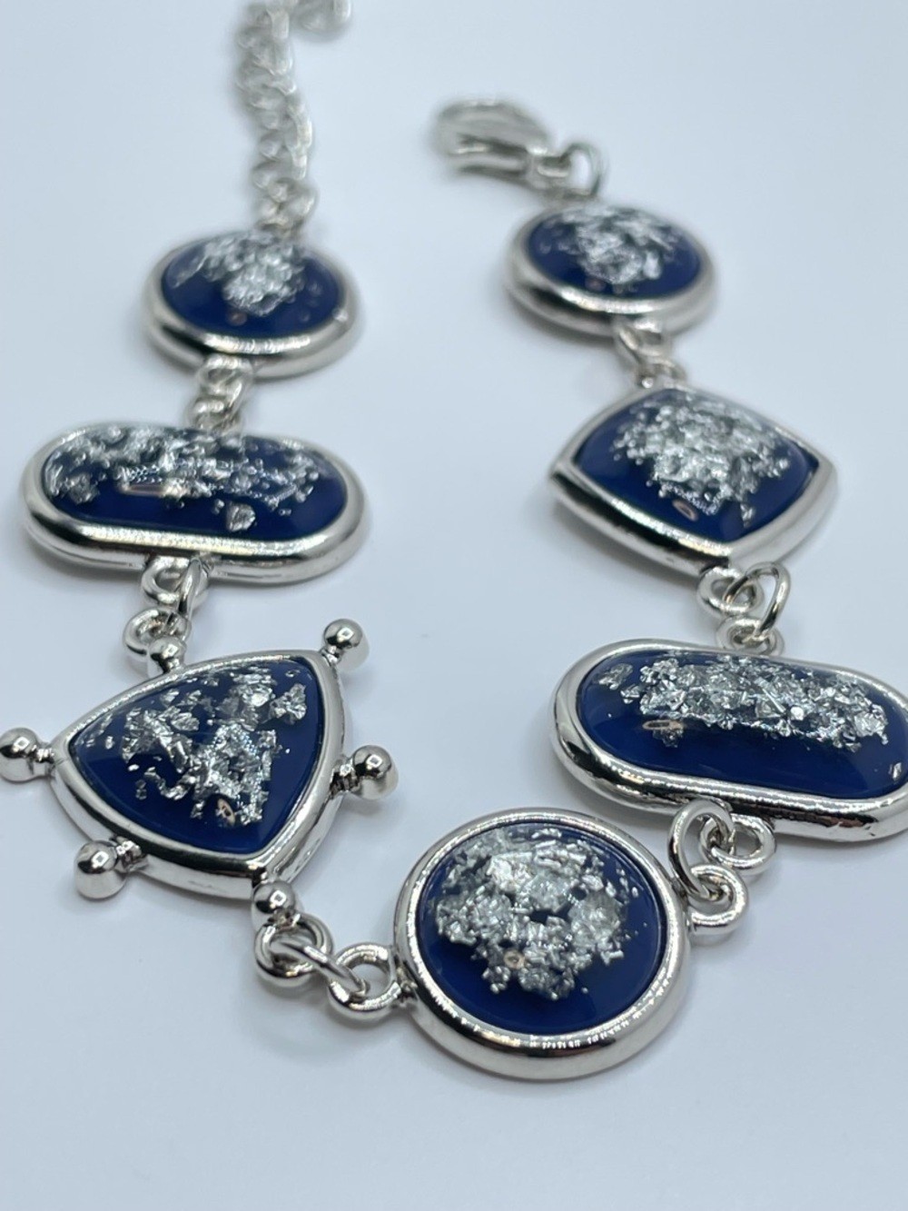 Silver Tone Blue Acrylic Link Bracelet Foil Statement Modern