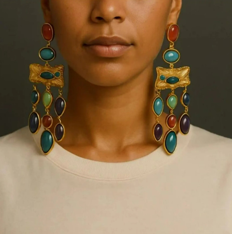 Vintage Boho Multicolor Gold Statement Stone Earrings Birthday gift Vacation