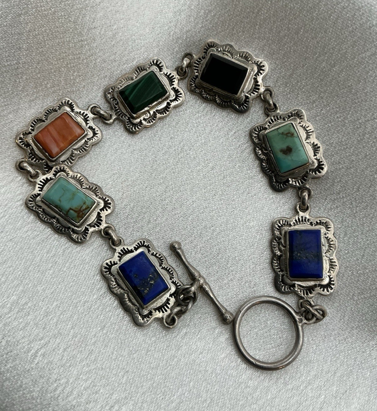 Thailand 925 Sterling Silver Link Bracelet w/ Multicolor Rectangle Stones Toggle