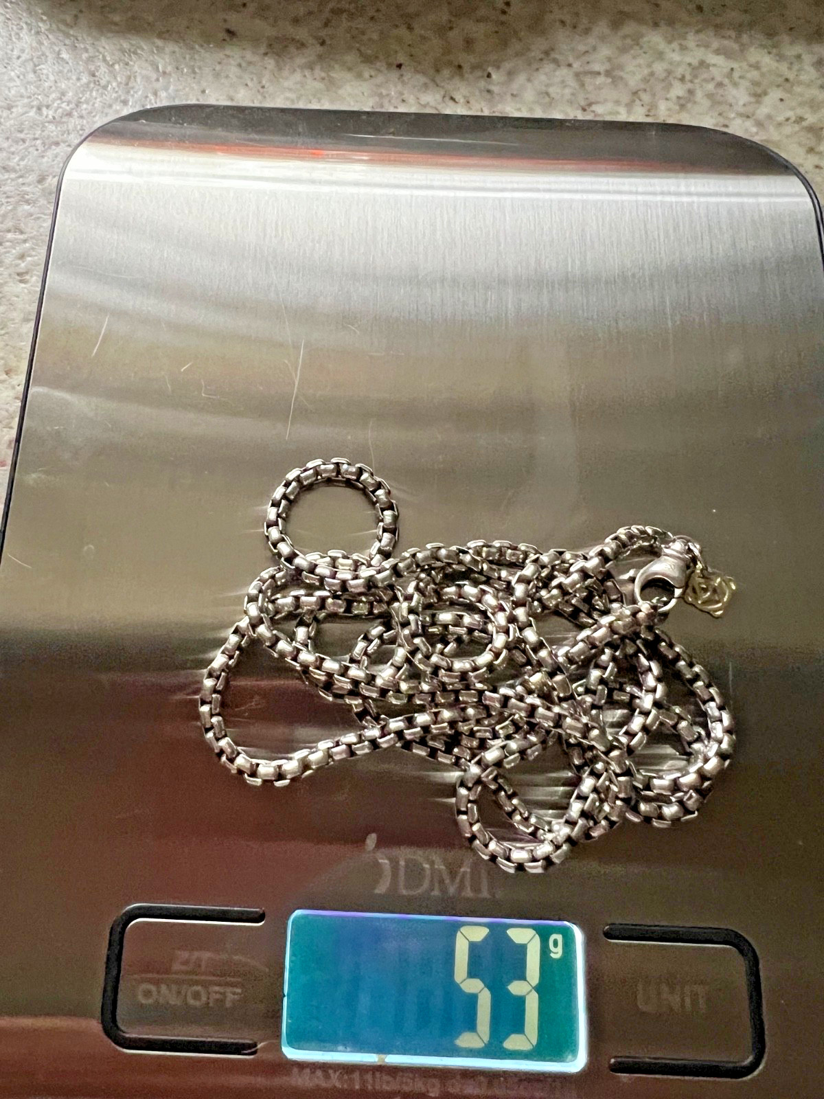 David Yurman 35″ 2.7mm 925 Sterling Box Chain With 585 14K Logo Charm – 53 Grams