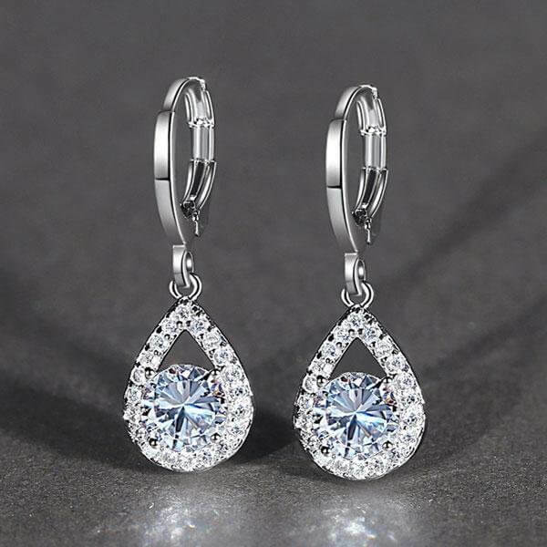 18k White Gold Round Cz Teardrop Leverback Earrings Made With Swarovski Elements