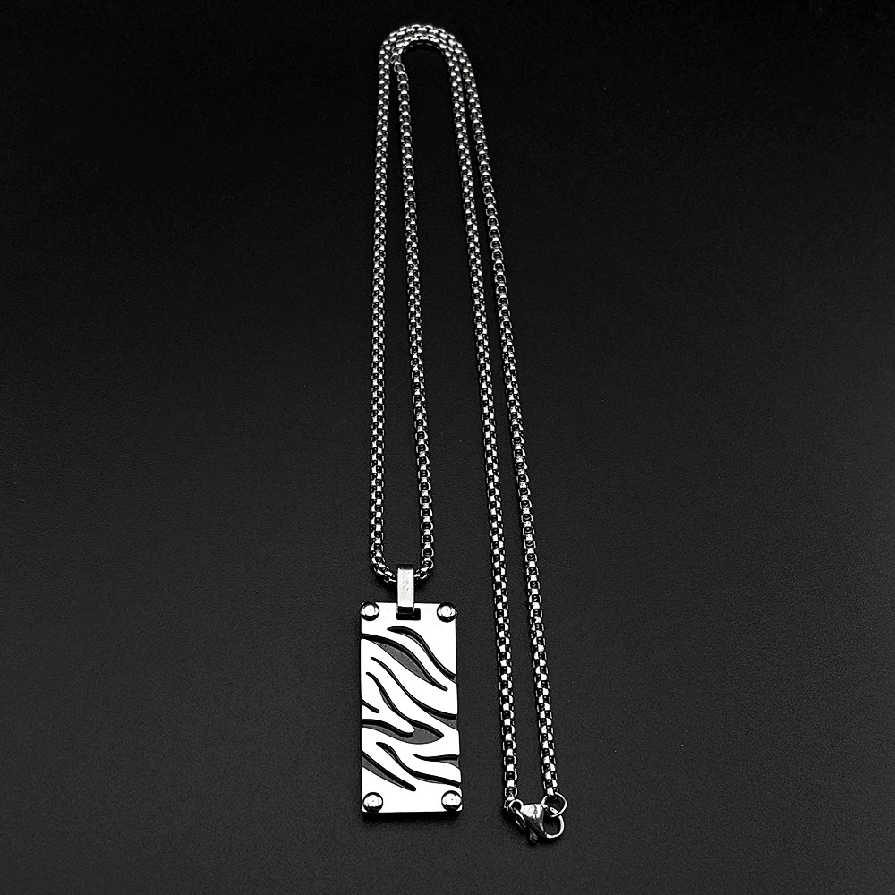 Hip Hop Stainless Steel Two-Tone Hollow Geometric Zebra Print Dog Tag Pendant Ne
