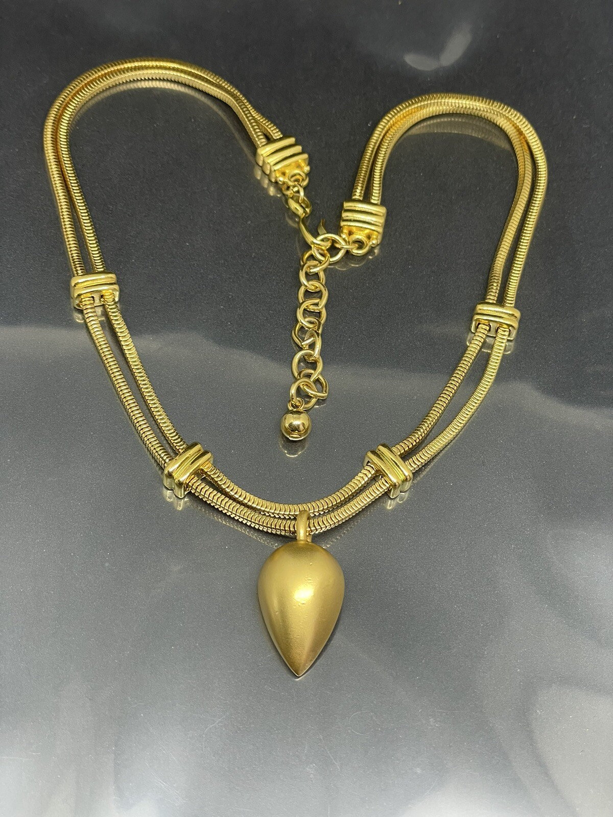 Vintage Monet Satin Brushed GoldTone Teardrop Pendant Necklace Signed RARE
