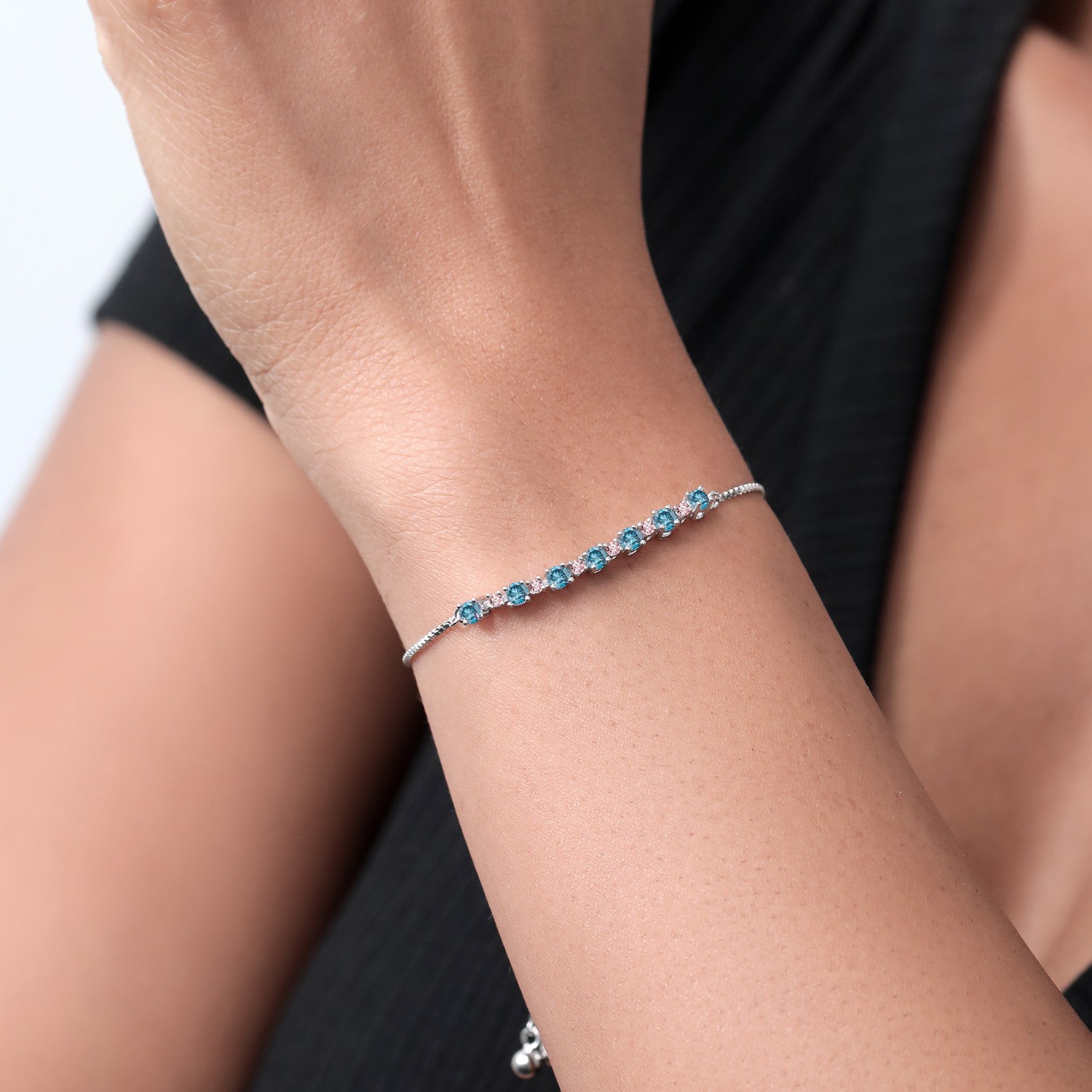 925 Sterling Silver Blue Lab Grown Diamond and Pink Lab Grown Diamond Bracelet