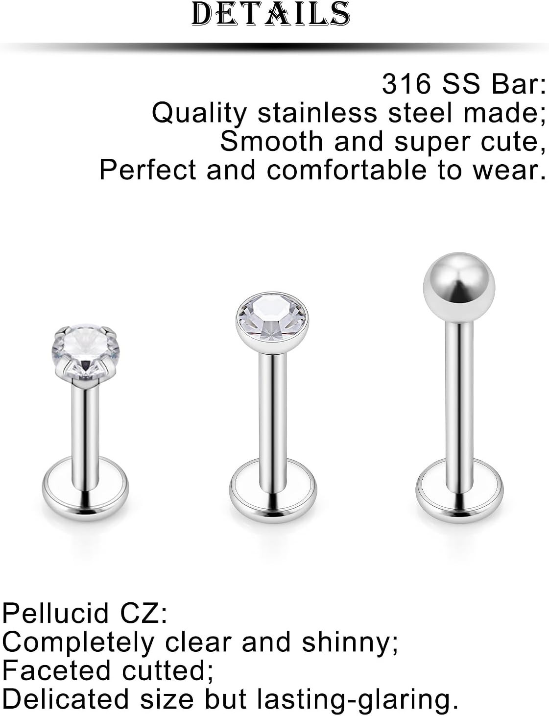 16G Lip Labret Medusa Rings Studs Internally Threaded 316L Surgical Steel Snake
