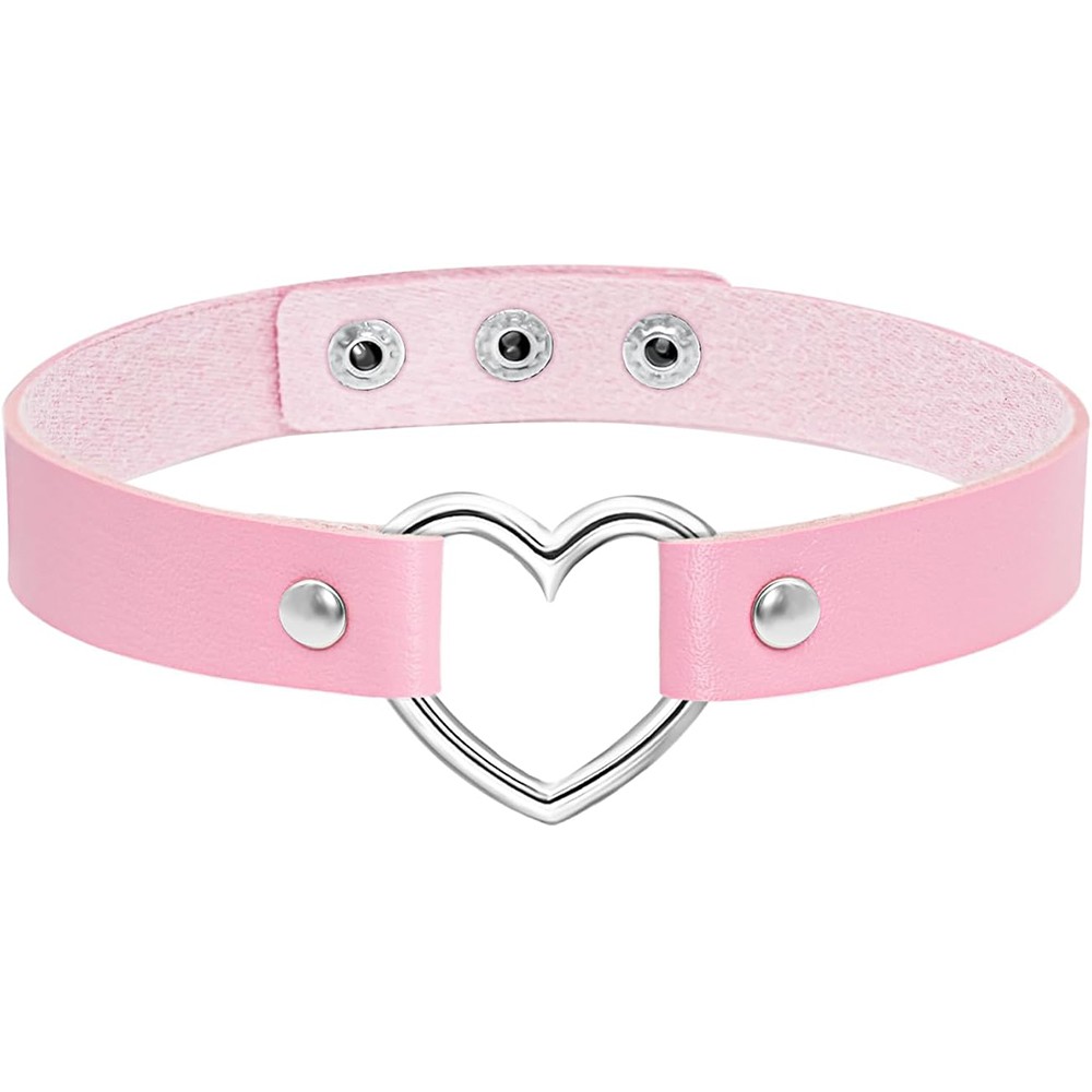 Leather Heart Choker Collar Punk Goth Adjustable Rivet Necklace Love O-Ring