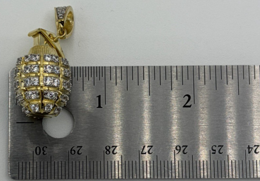 925 Sterling Silver Yellow Gold Tone CZ Hand Grenade Pendant Charm 1.5″ 11.44g