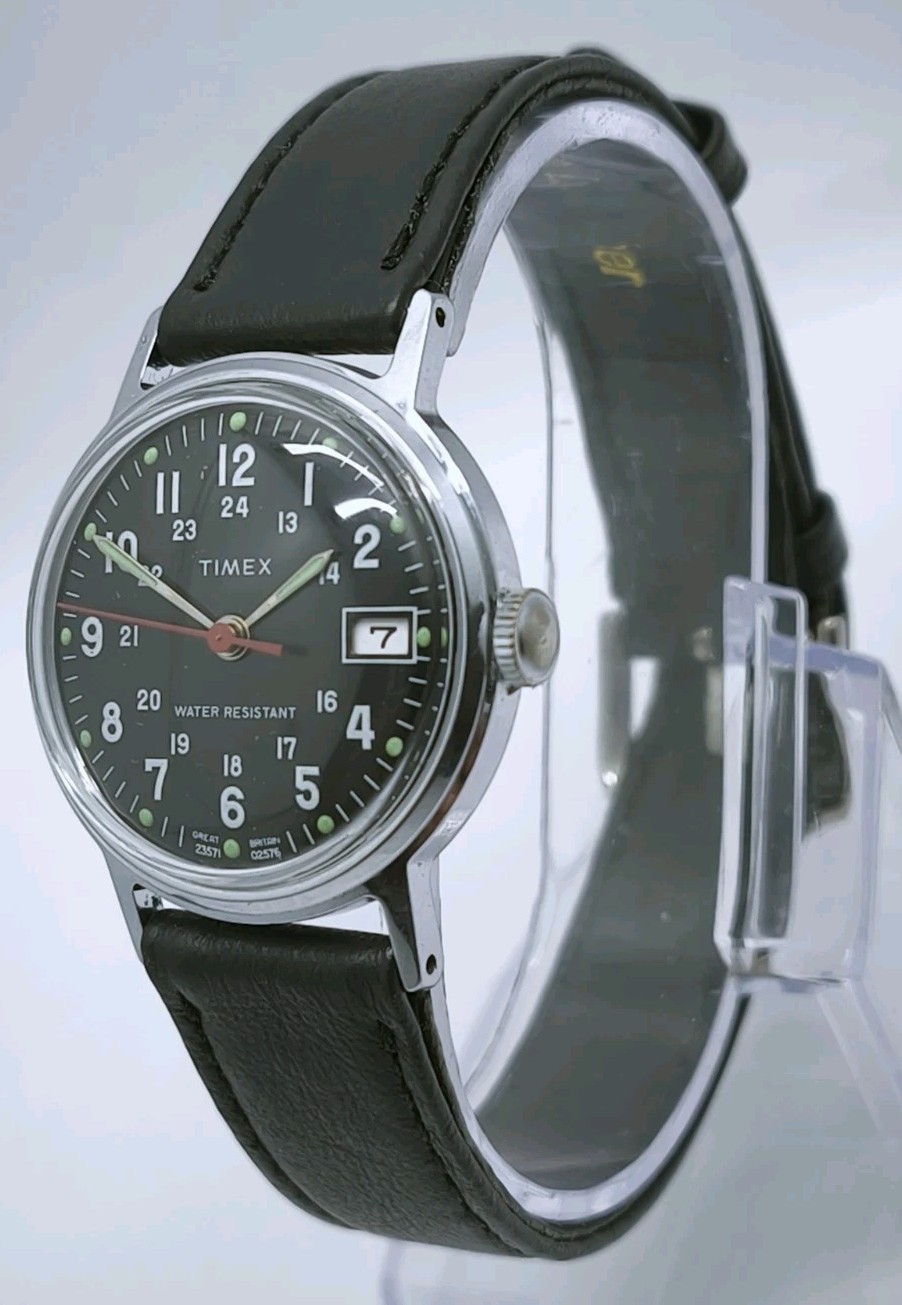 Vtg 1976 Timex Sprite Military Style Mechanical Date 30mm Watch Great Britain